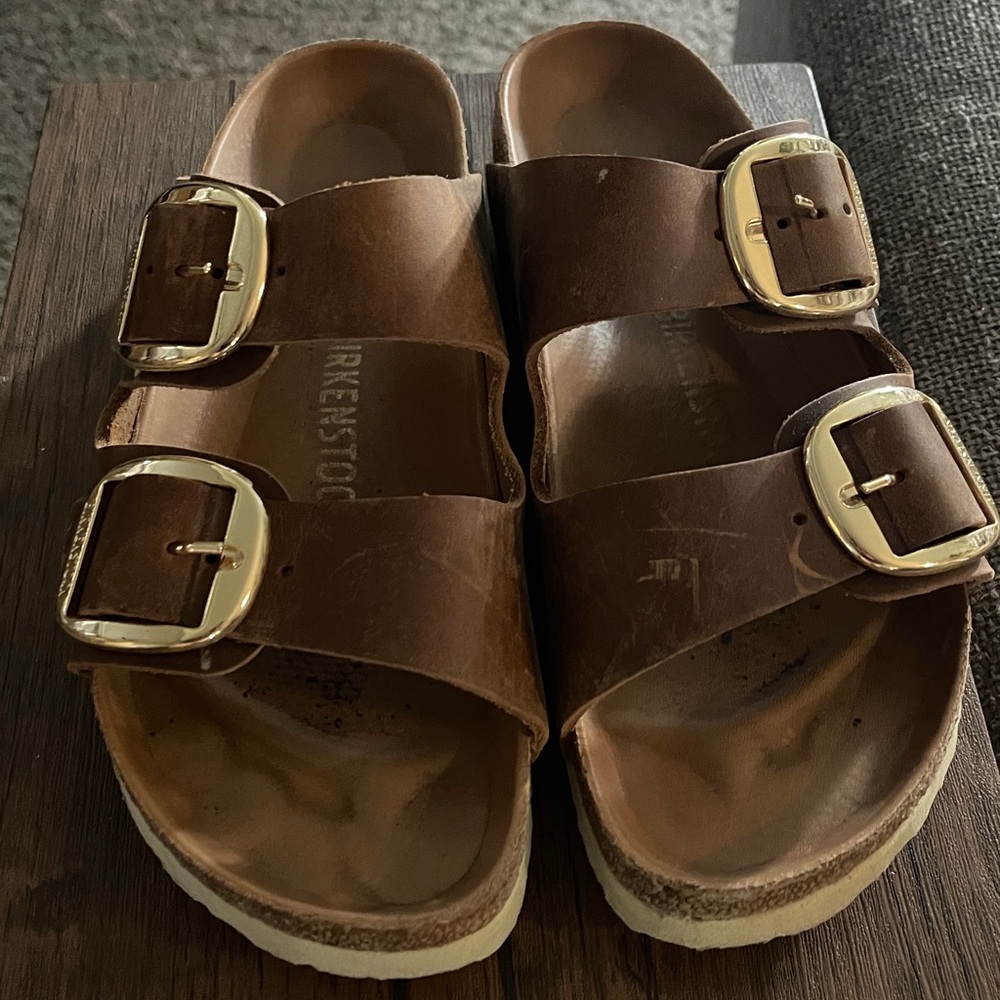 Birkenstock Tan Leather Sandals with Gold Buckles